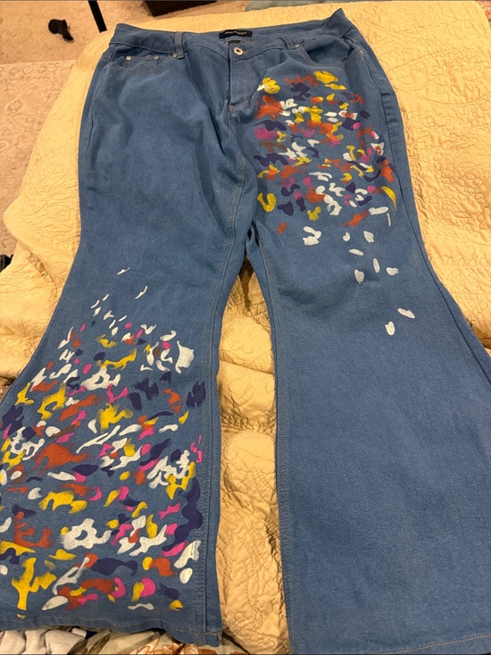 Ashley Stewart Denim - Hand-Painted Blue Denim Flare Jeans with Multicolor Splatter Laura Ashley